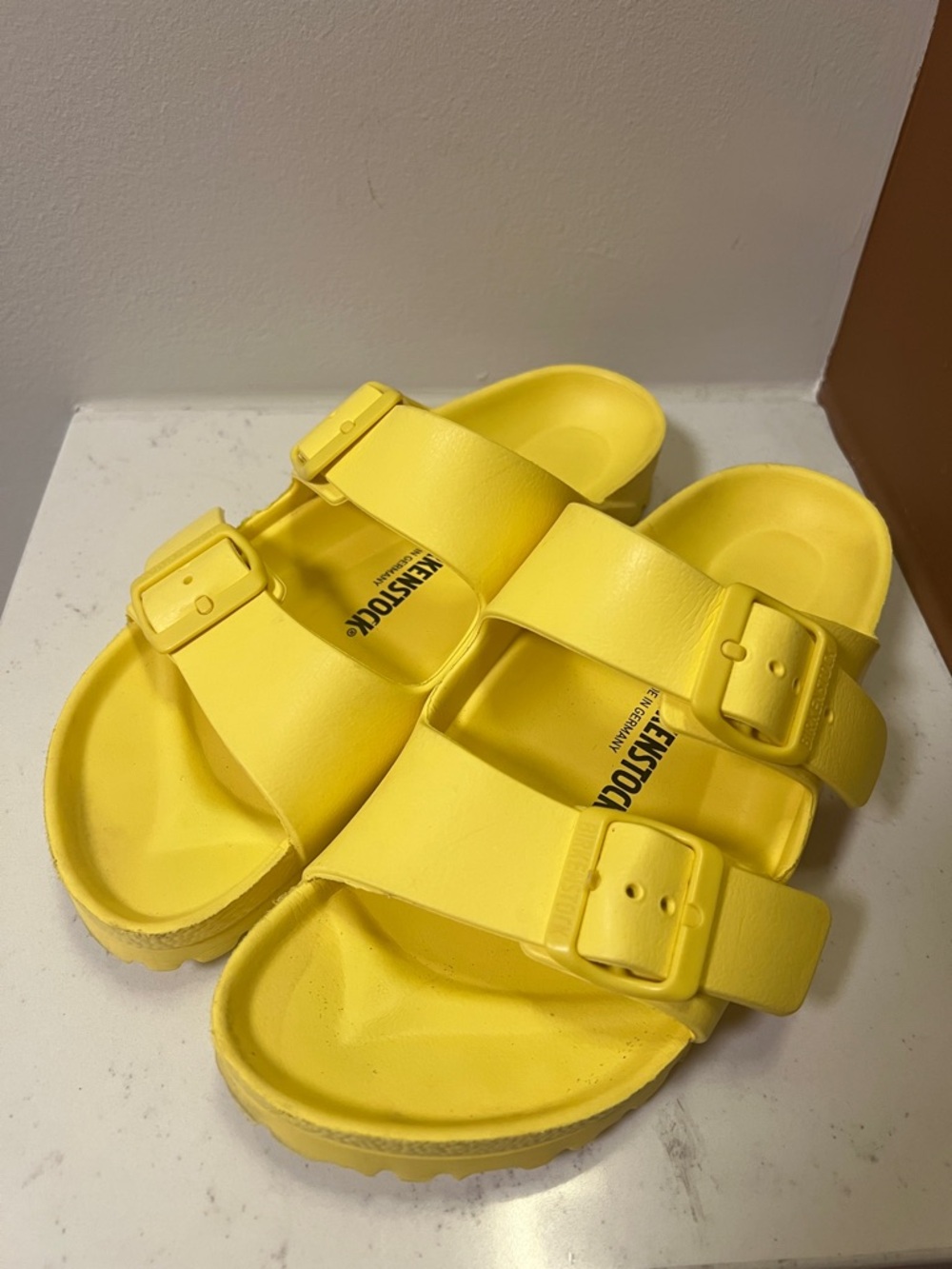Birkenstock Women's Bright Yellow Two-Buckle Slides Size U.S. 7 EU 37